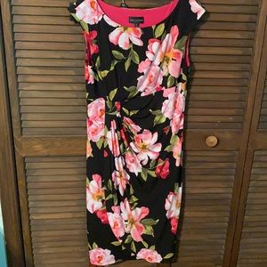 connected apparel Black Floral Sheath Dress with Pink and Green Accents